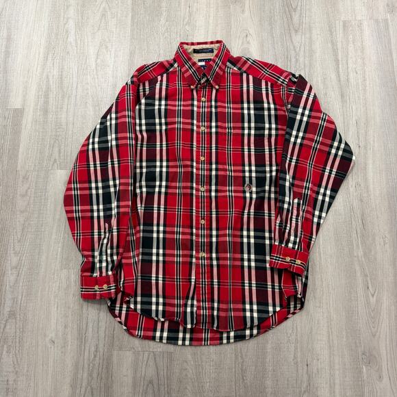 Vintage Tommy Hilfiger Button Shirt Men's Medium Red Plaid Check Flannel 90s - Picture 1 of 6